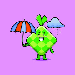 Cute cartoon ketupat character in the rain and using an umbrella in 3d modern style design
