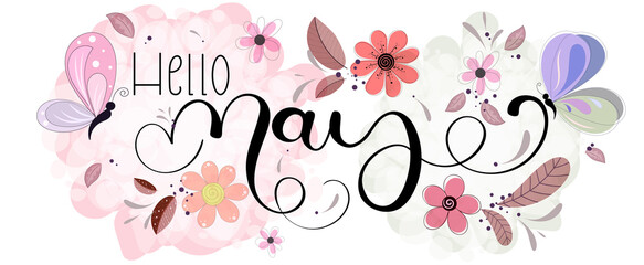 Hello May. MAY month vector with flowers, butterfly and leaves. Decoration floral. Illustration month may calendar	
