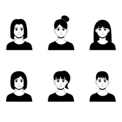 Collection of happy young woman with various hairstyles. Black and white vector illustration.