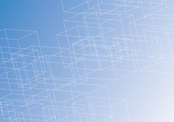 青いグラデーション背景に繊細な細いラインの長方体で構成されたイラスト
