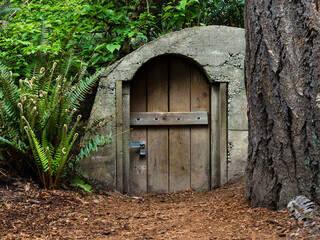 Fototapeta na wymiar Storage shed in Bellevue Botanical Garden that looks like a hobbit house - WA, USA
