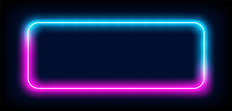 Neon light frame box line rectangle background. Led neon glow vector shape banner sign square background frame