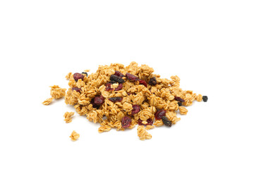 Cereal grain, berries granola and nuts isolated on white background. Healthy morning meal.