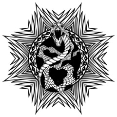 Abstract vector illustration black and whide snake with open mouth on round ornament. Design for tattoo or print t shirt.