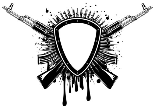 Abstract vector illustration shield with crossed machine guns on grunge splash