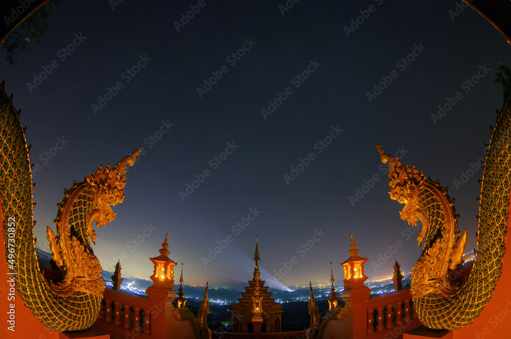 Wall mural beautiful landscape at night and viewpoint of wat phra that doi phra chan mae tha lampang, thailand,