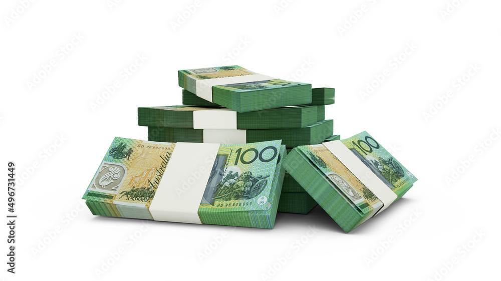 Poster 3d rendering of stack of 100 australian dollar notes. bundles of australian currency notes isolated 
