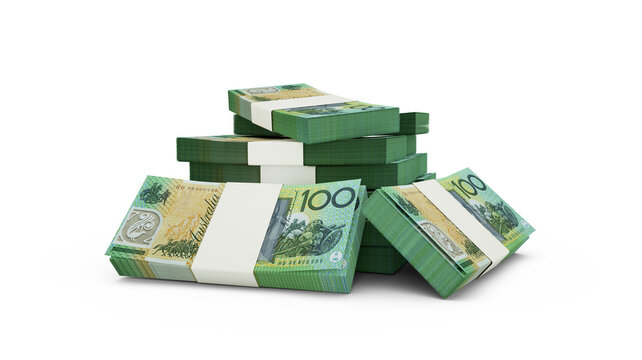 3d rendering of Stack of 100 Australian dollar notes. bundles of Australian currency notes isolated on white background
