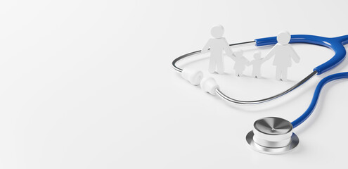 Top view of medical stethoscope and icon family on white background. Health care insurance concept. 3d rendering