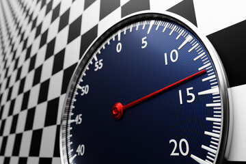 Fototapeta premium 3d illustration of black round clock, stopwatch on a black and white checkered background. Stopwatch icon, logo. Chronometer, vintage timer