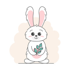 Cute bunny, baby and children concept. Happy easter rabbits different poses cartoon characters. Card with Cute bunny. Bunny with floral leafs. Design for baby, kids poster, card, invitaton. Vector