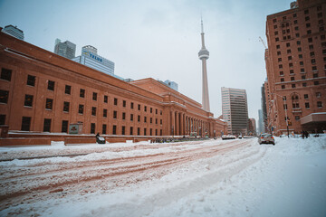 Downtown toronto union station during snowstorm