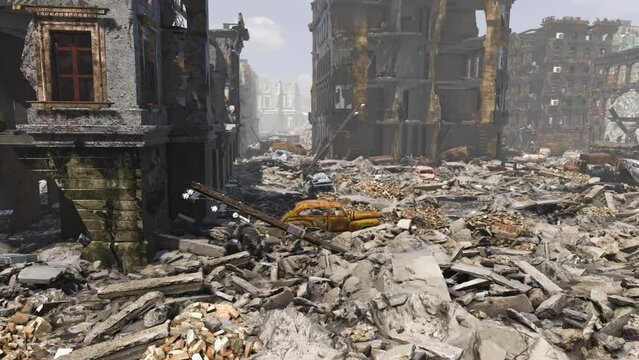 Conceptual war footage depicting the old town of a major city ravaged and razed to the ground by conflict, including destroyed buildings, cars and armored vehicles