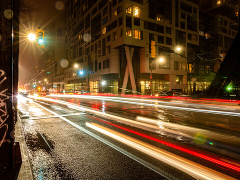 Busy downtown traffic at night