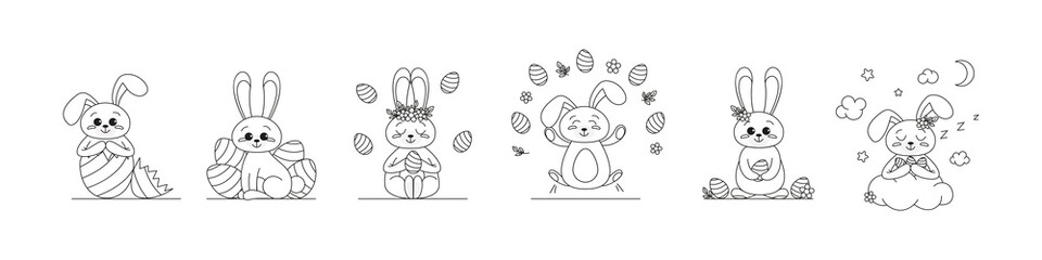 Set of Happy Easter rabbit in doodle style. Cute outline rabbit, bunny for coloring. Rabbit Bunny Cartoon Outline Coloring Book or page for kids. Illustration Vector.