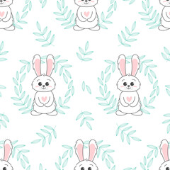 Seamless Pattern of Cute bunny, baby and children concept. Happy easter rabbits different poses cartoon characters. Bunny with floral leafs. Design for baby, kids poster, card, invitaton. Vector