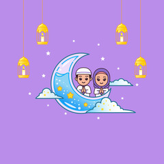 Cute Boy and Girl Muslim Kids Cartoon Style Ramadan Kareem or Eid Mubarak Islamic Greeting Card Banner Background