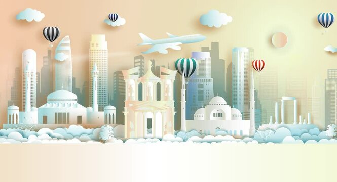 Travel architecture landmark of Jordan with ancient. Business animation brochure modern design. Tour arab landmarks of asian with balloon and airplane. 3D illustration 4k advertising loop video.