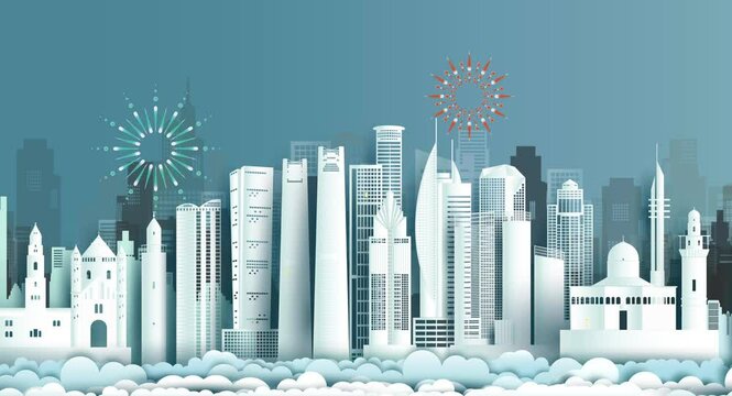 Anniversary celebration nation day Israel with fireworks in city background. Tourism arab landmarks of asia architecture in Israel with origami paper art, paper cut with 4K loop video animation.