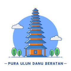 Fototapeta na wymiar Tugu icon illustration Ulun Danu Beratan Temple is a famous beautiful landmark located on the west side of Lake Beratan in Bedugul, central Bali on a white and blue background.