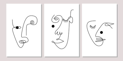 Set of three abstract minimal line art face wall art. One line continuous women face wall decor. Abstract portrait contemporary wall Decorations. Can use for poster, social media, wallpaper and cards.