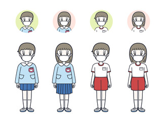 マスクをしているスモックを着ている幼稚園児と体操服を着ている幼稚園児