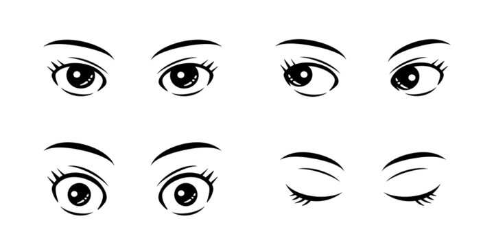 女性の大きい瞳、デカ目まつ毛と眉毛のパーツアイコンベクター素材