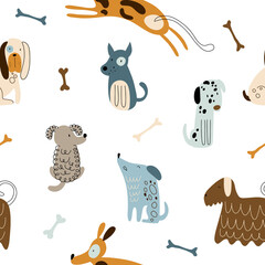 Seamless pattern with cute dogs in doodle style on a white background.