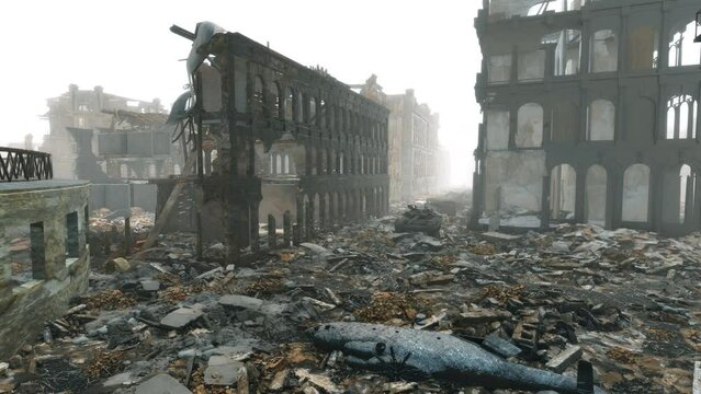 Conceptual war footage depicting the old town of a major city ravaged and razed to the ground by conflict, including destroyed buildings, cars and armored vehicles