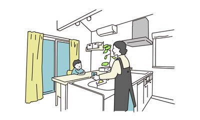 ダイニングキッチンで家事をする母親 © kabu