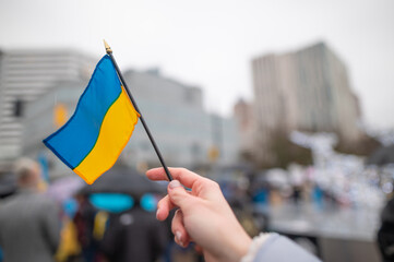 Portland, Oregon. USA 02.26.2022. Protest and rally of people in the USA against the war in...