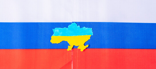 symbol of Ukraine border with flag of  Russia. Pray, No war, stop war and Nuclear Disarmament