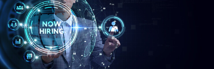 Business, Technology, Internet and network concept. NOW HIRING inscription, modern technology...