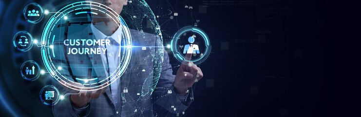 Inscription Customer journey on the virtual display. Business Technology Internet and network concept