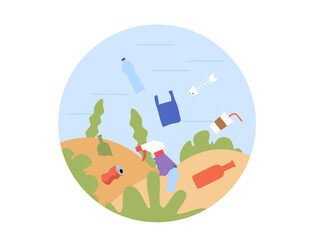Some trash on the seabed. Non-degradable inorganic waste. Ai vector illustration - obrazy, fototapety, plakaty