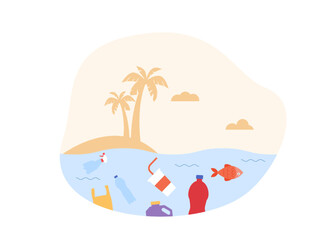 Plastic waste that pollutes the sea. Plastic waste is difficult to decompose so it can be eaten by marine biota. Ai vector illustration