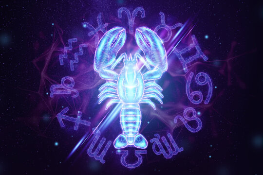 Zodiac sign Cancer against the background of other signs, realistic drawing of a scorpion, blue hologram. Decorative ornament, tattoo, concept art, horoscope. 3D illustration, 3D render, copy space.
