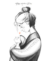 Hand drawn graphic postcard with illustration of a mother holding a baby in her arms isolated on white background. Happy mother's day pencil poster