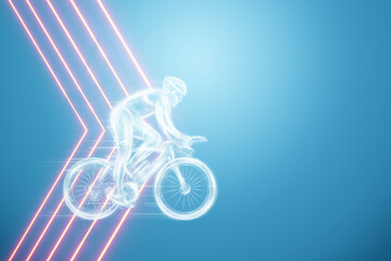 Fototapeta na wymiar Cyclist side view, white silhouette on a blue background. Cycling race, cycling competition. 3D illustration, 3D render, copy space.