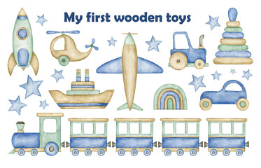 Baby boy toys transport set. Collection wooden eco toys. Watercolor hand drawn scandinavian style helicopter, airplane, rocket, tractor, ship, car, train with wagons, pyramid illustration.