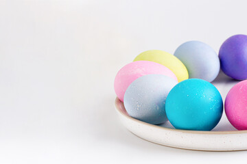 Fototapeta na wymiar Painted eggs for Easter, copy space