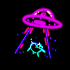 Alien and UFO abducting cow neon light art cartoon drawing illustration