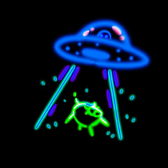 Alien and UFO abducting cow neon light art cartoon drawing illustration