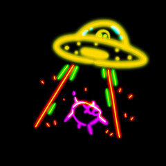Alien and UFO abducting cow neon light art cartoon drawing illustration