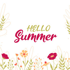 Hello spring. Banner with green and pink flowers. White background