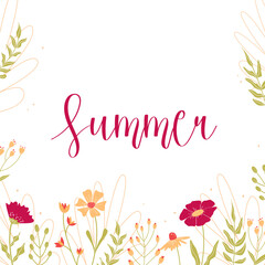 Hello summer. White banner with pink and yellow flowers