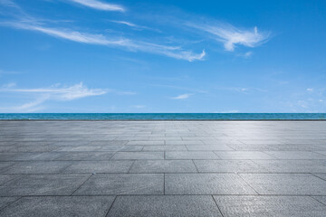 Empty square floor and lake with sky cloud landscape