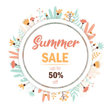 Summer sale, lettering. Banner, summer flowers and plants, leaves. Flower illustration. Red and green flowers, green leaves, red inscription. Up to 50 off.