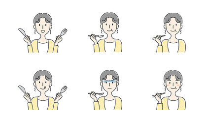 手描き風・食事をする女性のベクターイラストセット