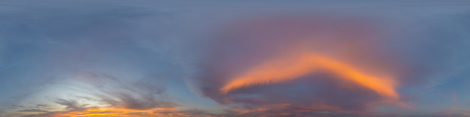 Panorama of a dark blue sunset sky with pink Cumulus clouds. Seamless hdr 360 panorama in spherical equiangular format. Full zenith for 3D visualization, sky replacement for aerial drone panoramas.